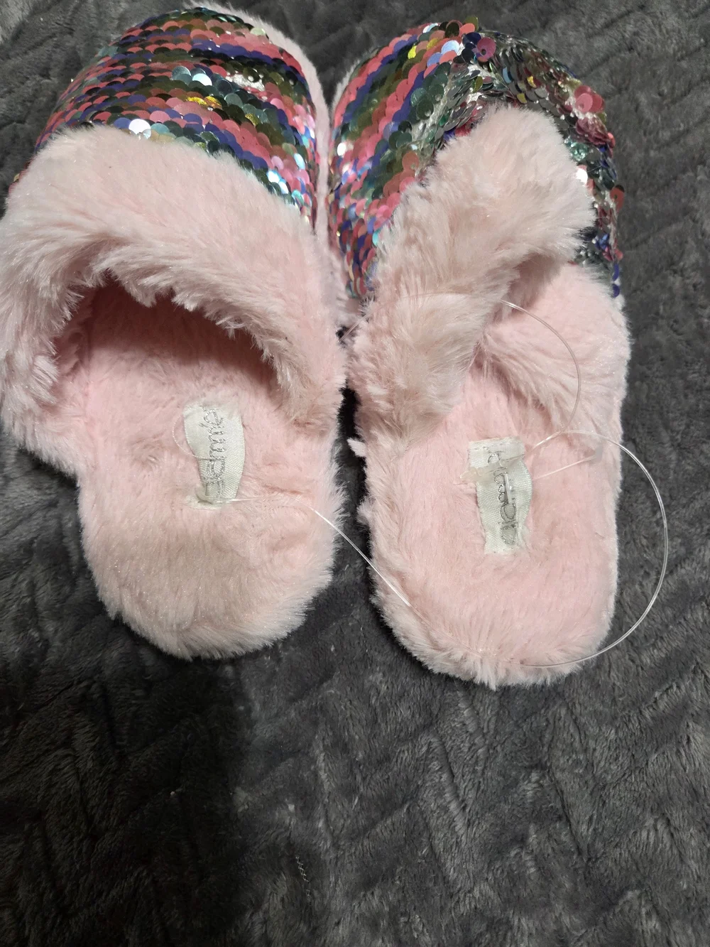 Kids Pink Sequin Fuzzy Slip-On Slippers